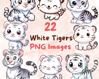 May include: A collection of 22 cartoon white tiger PNG images. The tigers have white fur with black stripes and are depicted in various poses, with cute expressions. The text "22 White Tigers PNG Images" is displayed in the center.