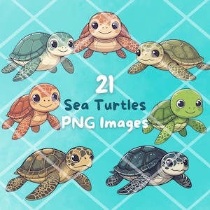 May include: A digital collection of 21 sea turtles PNG images featuring various cartoon-style turtles in shades of green, brown, and tan. The text 21 Sea Turtles PNG Images is centred on a light blue background with a white grid pattern overlay.