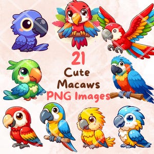 May include: A collection of 21 cartoon macaw images in various colors, including blue, red, green, and yellow. The text "21 Cute Macaws PNG Images" is displayed in the center of the image. These images are suitable for digital art projects.