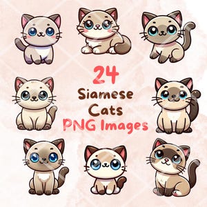 Kawaii Cute Siamese Cats Bundle, 24pcs PNG clipart, Transparent Background, Cute Cartoon Digital Art Animal Sticker Images, High quality