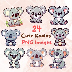 Kawaii Cute Koala Clipart Bundle, 24 PNG clipart, Przezroczyste tło, Cartoon Australia Animal Digital Art Sticker Illustrations