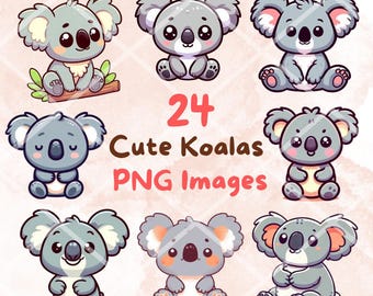 May include: Set of 24 cute cartoon koala bear illustrations in various poses. The koalas are grey with white accents and have big eyes. The illustrations are perfect for digital scrapbooking, card making, and other creative projects.