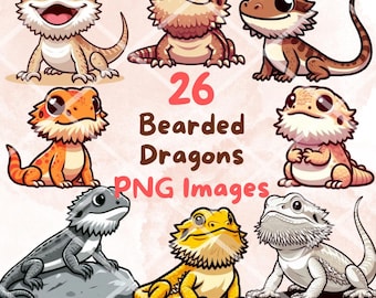 Kawaii Cute Bearded Dragons Clipart Bundle, 26 PNG clipart, Transparent Background, Cartoon Reptile Digital Art Sticker Illustrations
