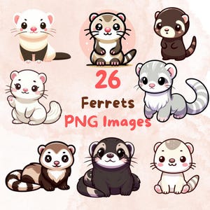 Kawaii Cute Ferrets Bundle, 26pcs PNG clipart, Transparent Background, Cute Cartoon Digital Art Sticker Images, High quality