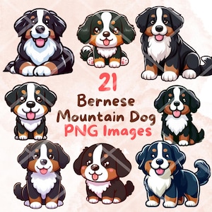Kawaii niedliches Berner Sennenhund-Bundle, 21 Stück PNG Clipart, transparenter Hintergrund, Cartoon Welpe Digital Art Sticker Bilder
