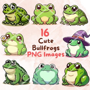 Kawaii Cute Bullfrog Clipart Bundle, 22 PNG clipart, Transparent Background, Cartoon Amphibian Frog Digital Art Sticker Illustrations