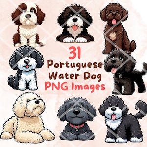 Kawaii niedlicher portugiesischer Wasserhund Clipart Bundle, 31 Stück PNG Clipart, transparenter Hintergrund, Cartoon Welpe Digital Art Aufkleber Illustrationen