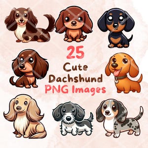 Ensemble de chien teckel mignon kawaii #1, 25 pièces clipart PNG, fond Transparent, chiot dessin animé mignon Art numérique autocollant Images, haute qualité