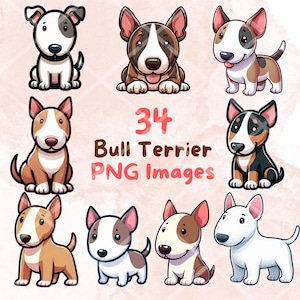 Kawaii Cute Bull Terrier Dog Bundle, 34pcs PNG clipart, Transparent Background, Cartoon Puppy Digital Art Sticker Images