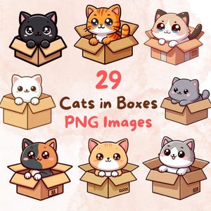 Kawaii Cute Cats in Boxes Bundle, 29pcs PNG clipart, Transparent Background, Cute Cartoon Kitten Digital Art Sticker Images, High quality