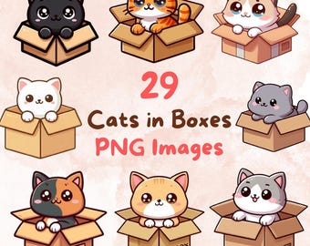 May include: A set of 29 digital illustrations of cute cartoon cats in boxes. The cats are in various colors and poses, and the boxes are brown with white accents. The images are perfect for use in crafts, scrapbooking, or digital design.
