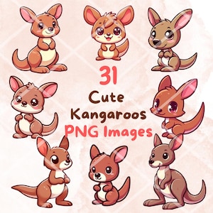 Kawaii Känguru Clipart Bundle, 31 PNG Clipart, transparenter Hintergrund, Cartoon Australien Tier Digital Art Sticker Illustrationen