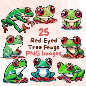 Kawaii Rotaugen Laubfrosch Clipart Bundle, 25 PNG Cliparts, transparenter Hintergrund, Cartoon Amphibien Digital Art Aufkleber Illustrationen