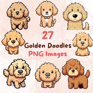 Kawaii niedliches Golden Doodles Hunde-Bündel, 27 Stück PNG Clipart, transparenter Hintergrund, niedliche Cartoon-Digital-Kunst-Aufkleber Bilder, hohe Qualität