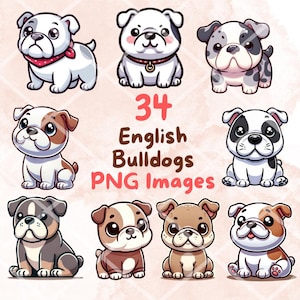 Kawaii Cute English Bulldog Dog Breed Bundle, 34 PNG clipart, Transparent Background, Cartoon Puppy Art Sticker Images, High quality