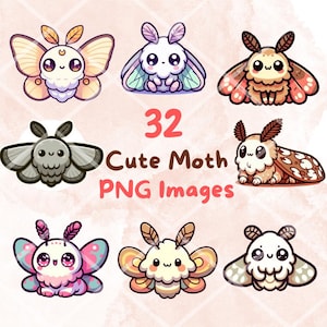 May include: A selection of 32 cute moth PNG images. The cartoon moths have large eyes and colourful wings in shades of pink, purple, yellow, and brown. The text "32 Cute Moth PNG Images" is displayed in the centre of the image.