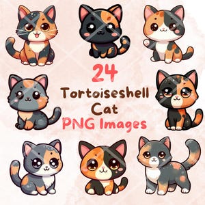 Kawaii Tortoiseshell Calico Cats Bundle, 24pcs PNG clipart, Transparent Background, Cute Cartoon Digital Art Sticker Images, High quality
