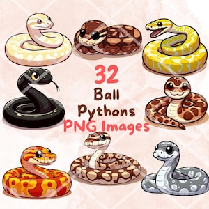 Kawaii Cute Ball Python Snakes Clipart Bundle, 32 PNG clipart, Transparent Background, Cartoon Reptile Digital Art Sticker Illustrations