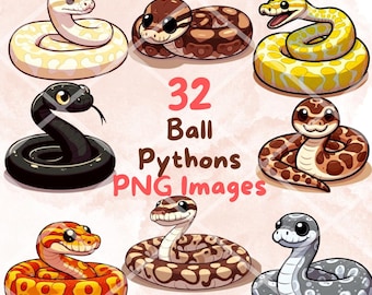 Kawaii Cute Ball Python Snakes Clipart Bundle, 32 PNG clipart, Transparent Background, Cartoon Reptile Digital Art Sticker Illustrations