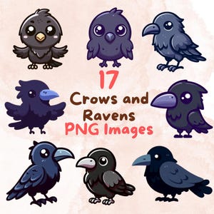 Kawaii süße Krähen & Raben Bundle, 17stk PNG Clipart, transparenter Hintergrund, entzückende Cartoon Digital Art Sticker Bilder, hohe Qualität