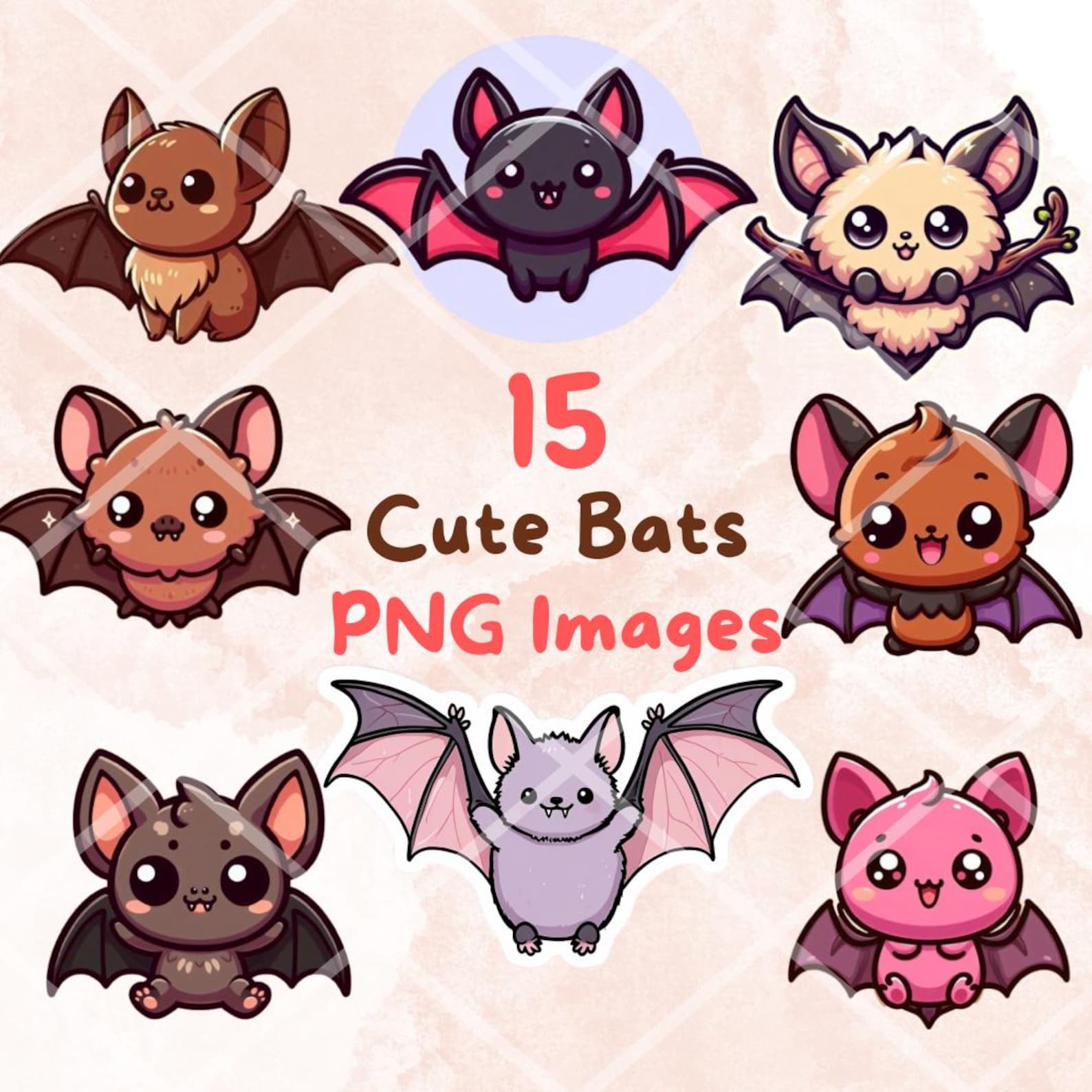 Kawaii Cute Bats Bundle, 15 PNG Clipart, Transparent Background, Cute ...