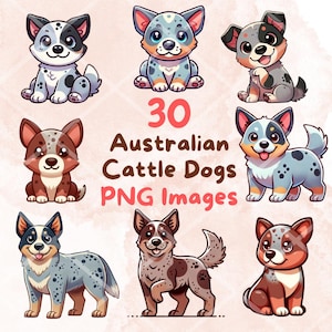 Kawaii niedliches Australian Cattle Dog Heeler Bundle, 30 Stück PNG Clipart, transparenter Hintergrund, Cartoon Welpe Digital Art Sticker Bilder