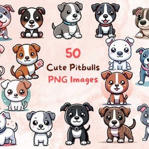 Kawaii Pitbull Dog Bundle, 50pcs PNG clipart, Transparent Background, Cute Cartoon Animal Puppy Stickers, Instant Download, High Quality