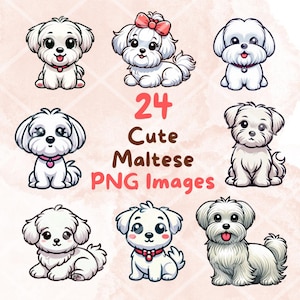 Kawaii Cute Maltese Dog Bundle, 24 szt. PNG clipart, przezroczyste tło, obrazy naklejek cyfrowych z kreskówkowym szczeniakiem