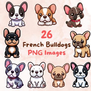 Kawaii French Bulldog Bundle #2, 26pcs PNG clipart, Transparent Background, Cute Cartoon Digital Art Sticker Images, High quality