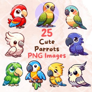 Kawaii Cute Colorful Parrots Bundle #1, 25 PNG Clipart, Transparent Background, Cute Cartoon Birds Digital Art Sticker Images, High quality