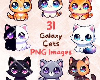 Gatos galácticos kawaii, 31 imágenes PNG, pegatinas de gatitos digitales de dibujos animados abstractos