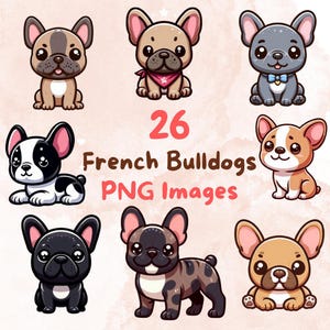 Kawaii Französische Bulldogge Bundle # 1, 26 Stück PNG Clipart, transparenter Hintergrund, niedliche Cartoon Digital Art Aufkleber, hohe Qualität