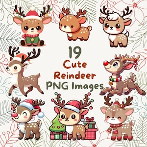 Renne de Noël mignon kawaii, 19 pièces clipart PNG, fond transparent, images d'autocollant d'art numérique de dessin animé, haute qualité