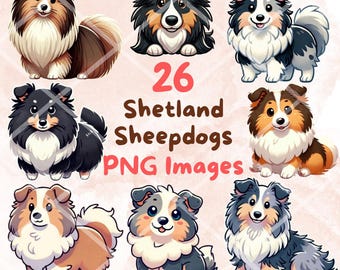 Pode incluir: 26 ilustrações digitais de Shetland Sheepdogs em várias poses. Os cães são retratados em um estilo de desenho animado com cores brilhantes e expressões faciais expressivas. As imagens são perfeitas para usar em projetos digitais, como scrapbooking, criação de cartões e mídia social.