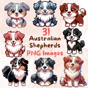 Kawaii Cute Australian Shepherds Dog Bundle, 31pcs PNG clipart, Transparent Background, Cartoon Puppy Art Sticker Images, High quality