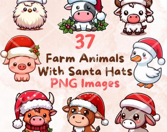 May include: 37 digital illustrations of farm animals wearing Santa hats. The animals include a pig, cow, chicken, duck, donkey, and a few different types of bulls. The images are in a cartoon style and are perfect for Christmas crafts and projects.