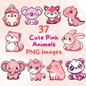 Paquete de animales kawaii rosas, 37 imágenes PNG, fondo transparente, lindas imágenes de pegatinas de arte digital de dibujos animados, alta calidad
