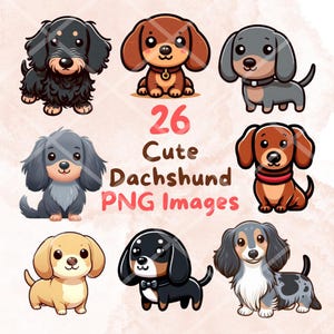 Kawaii Cute Dachshund Dog Bundle #2, 26pcs PNG clipart, Transparent Background, Cute Cartoon Puppy Digital Art Sticker Images, High quality