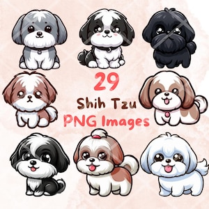 Bundle kawaii mignon chien shih tzu, 29 pcs PNG clipart, fond Transparent, dessin animé chiot Art numérique images autocollant