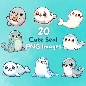 Kawaii Cute Seals Bundle, 20 pezzi PNG clipart, sfondo trasparente, immagini di adesivi di animali dell'oceano di arte digitale dei cartoni animati carini, alta qualità