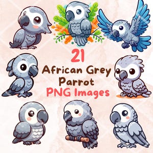 Kawaii Cute African Grey Parrots Bundle, 21 PNG clipart, Transparent Background, Cute Cartoon Birds Digital Art Sticker Images, High quality