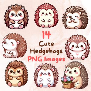 Bundle de cliparts hérisson mignon kawaii, 14 pièces clipart PNG, fond Transparent, Illustrations d'autocollant d'art numérique animal dessin animé