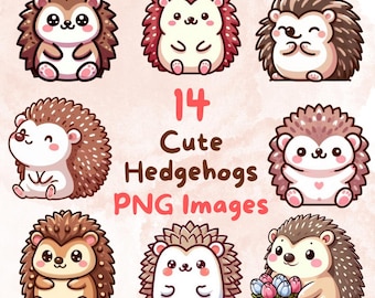 Kawaii Hedgehog Clipart Bundle: 14 Cartoon Animal Illustrations (Digital Download)