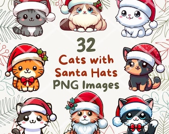 May include: 32 digital images of cute cartoon cats wearing Santa hats. The cats are in various poses and have different fur colours and patterns.