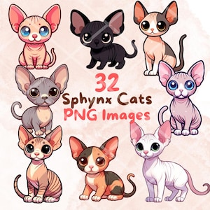 Kawaii Sphynx Cats Bundle, 32pcs PNG clipart, Transparent Background, Cute Cartoon Digital Art Sticker Images, High quality