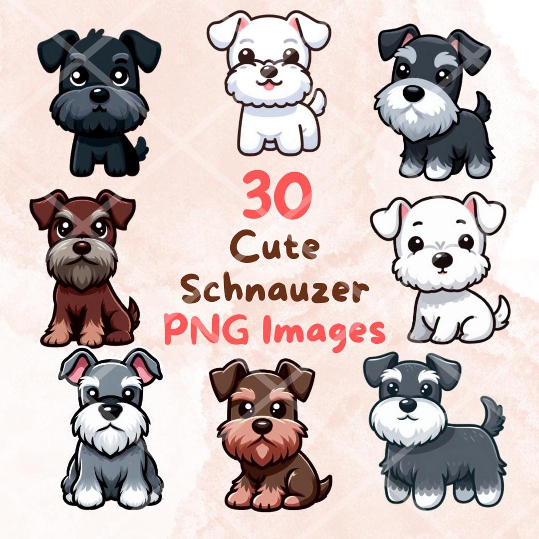 Kawaii Schnauzer Dog Clipart Bundle: 30 PNG Cartoon Puppy Images