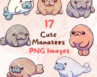 May include: 17 digital illustrations of cute cartoon manatees in various poses and colors. The manatees are drawn in a simple, childlike style with big eyes and small mouths. They are all smiling and appear to be happy. The illustrations are perfect for use in children's books, greeting cards, or other creative projects.