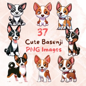 Kawaii Cute Basenji Dog Clipart Bundle, 37pcs PNG clipart, Transparent Background, Cartoon Puppy Digital Art Sticker Illustrations