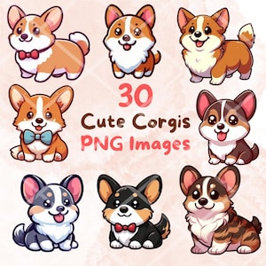 Kawaii Cute Corgis Dog Bundle, 30pcs PNG clipart, Transparent Background, Cartoon Puppy Digital Art Sticker Images, High quality