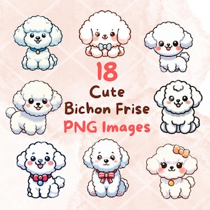 Kawaii schattige Bichon Frisé-hondbundel, 18 stks png-clipart, transparante achtergrond, cartoon puppy digitale kunst stickerafbeeldingen